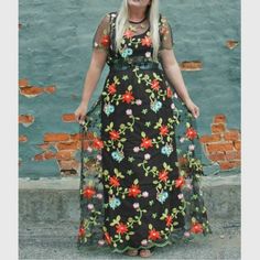 Need To Make A Plain Dress Pop? Add Lularoe's Deanne Ii Black Sheer Floral Embroidered Overlay Dress Over Another Dress To Give It A Whole New Style. Dress Is Black With Blue And Red Flowers With Green Leaves And Brown Stems. Sleeves And Hem Have Green Scalloped Embroidered Trim. Dress Can Be Shortened By You Or A Seamstress At The Waist. First Pic Is For Reference, But Design Is Pictured In Images After. ***Measurements Pictured Embroidered Black Maxi Dress With Short Sleeves, Black Short Sleeve Embroidered Maxi Dress, Black Embroidered Short Sleeve Maxi Dress, Scallop Sleeves, New Style Dress, Vine Flowers, Grey T Shirt Dress, Circle Skirt Dress, Maxi Shift Dress