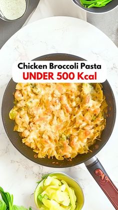 chicken broccoli pasta under 500 cal in a skillet