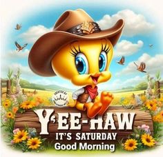 a yellow bird wearing a cowboy hat sitting on top of a sign that says yee - haw it's saturday good morning