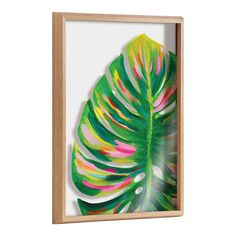 a green and pink leaf in a wooden frame