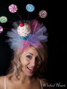 Cupcake Hat Fascinator W/ Lollipops & SprinklesMade by Wickedheart, $57.00 Cupcake Hats, Crazy Hat, Candy Costumes, Clever Halloween, Crazy Hat Day, Clever Halloween Costumes, Easter Hats, Hat Day, Hat Fascinator