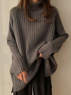 Casual Long Sleeves Loose Split-Side Solid Color High-Neck Sweater Tops CREAMY-One_size Wind Coat, Winter Sweater Dresses, Winter Typ, Long Knit Sweater, Sweater Tops, Black Jumper, Ladies Turtleneck Sweaters, Knit Bottom, High Neck Sweater