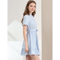 Looking for a versatile summer dress that combines both style and comfort? Look no further than this stunning shirt dress! Featuring a fit and flare design with a frill trim and short sleeves, this dress is perfect for any casual or semi-formal occasion. The half placket and stand collar add an element of timeless sophistication, while the A-line silhouette and ruffle hem offer a playful and feminine touch. Whether you're dressing up for the office or dressing down for a day out, this dress is s