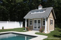 a small house with a pool in the yard