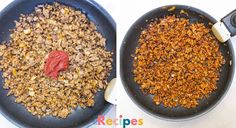 two frying pans filled with food on top of a white counter next to each other