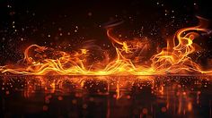 an abstract fire and water scene with bright orange flames in the dark, reflecting on wet surface