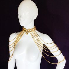 Size dimensions: 12-18 inches adjustable choker neck sizing. All size dimensions fit model size, but is customized and tailored to fit the individual client's size measurements. For made-to-order. Shoulder Jewellery, Shoulder Chain Jewelry, Dark Goddess, Polished Crystals, Shoulder Jewelry, Shoulder Necklace, Gold Luxury, Neck Choker, Jewellery Gold