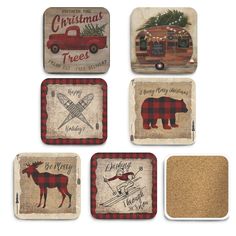 four coasters with christmas designs on them and an image of a bear, deer, moose