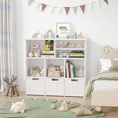 a child's room with toys and bookshelves on the floor, including a teddy bear