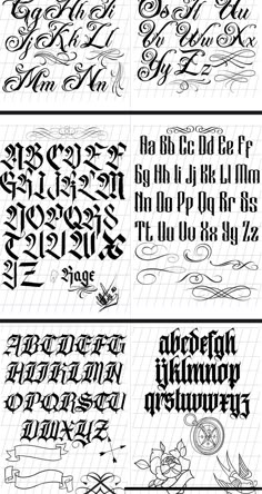 four different types of calligraphy written in cursive writing, each with the same font