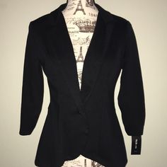 Brand New With Tags! Style & Co ‘Artist Palette’ Blazer In Deep Black. Purchased At Macy’s 3/4 Sleeves Curved Hem Material: 67% Polyester, 32% Rayon, 1% Spandex Can Be Dressed Up Or Worn Casually. Super Cute With Skinny Jeans And Boots! Fitted Solid Color Blazer For Night Out, Fitted Blazer For Night Out In Fall, Chic Stretch Outerwear For Office, Spring Fitted Outerwear For Office, Spring Office Wear Fitted Outerwear, Fitted Black Outerwear For Office, Fitted Spring Outerwear For Office, Stretch Blazer For Spring Formal Occasions, Spring Formal Stretch Blazer