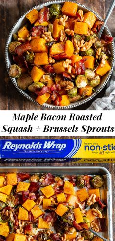 maple bacon roasted squash and brussel sprouts in a pan