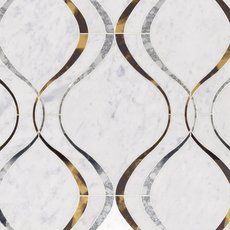 a white marble tile with black and gold lines