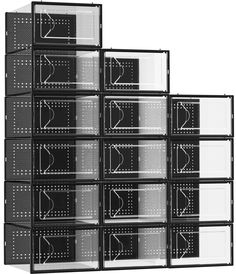 six black and white shelves with dividers on each side, all stacked up against one another