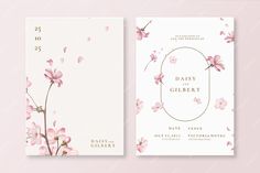 two cards with pink flowers on them, one is for the date and the other is for