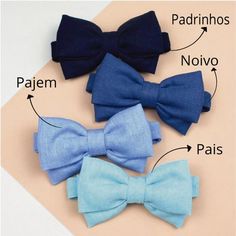 three different types of bow ties on top of a white surface with words describing them