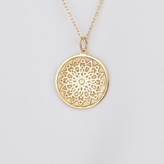 Embrace serenity with our 14k Gold Mandala Necklace a delicate symbol of harmony and balance. This Personalized Mandala Pendant is intricately handcrafted in our workshop, reflecting the beauty of the universe. Perfect as a Wedding Gift or for personal reflection, this Custom Engraved Necklace is a meaningful Mandala Medallion Necklace that adds elegance to any look. * Material: Pendant and chain are 14k Yellow Solid Gold or 925 Sterling Silver * Pendant thickness: 0.70 mm * Inner diameter of ju Elegant Engraved Medallion Necklace For Formal Occasions, Luxury Filigree Medallion Necklaces, Luxury Filigree Medallion Necklace, Luxury 14k Gold Wedding Necklaces, Luxury 14k Gold Wedding Necklace, Luxury Necklaces With Intricate Medallion Design, Elegant Medallion Necklace As Gift, Luxury Medallion Necklace With Intricate Design, Elegant Medallion Necklace Gift