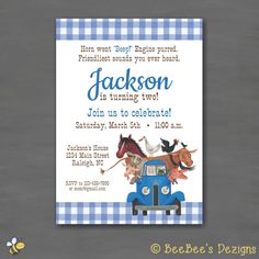 a blue and white checkered birthday card with an image of horses on the back