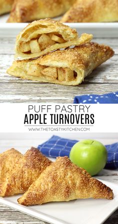 puff pastry apple turnovers on a white plate with an apple in the background and text overlay