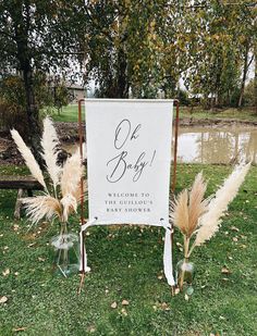 a welcome sign for a baby is on display in the grass near some water and trees