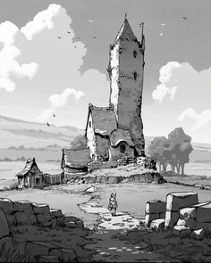 a black and white drawing of an old castle