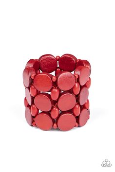 Featuring disc, oval, and rounded shapes, a mismatched collection of fiery red wooden beads are threaded along knotted stretchy strands, creating a tropical inspired look around the wrist. Sold as one individual bracelet. Disc Bracelet, Red Bracelet, Pink Jewels, Mobile Boutique, Nickel Free Jewelry, Wood Bracelet, Red Bracelets, Fiery Red, Paparazzi Accessories