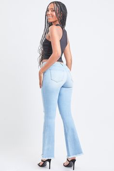 Add some retro-flare to any look with these essential jeans! Our Women's High Rise Super Flare Jean features a high-rise and a flared silhouette to give you a super flattering fit and the look of legs for days! Designed with a frayed hem to add some extra drama! Style them casually with a graphic tee and western-style booties, or dress them up with a bodysuit and heels. Either way, you’ll be sure to turn heads in these!Product Details- High-Rise - Flare Silhouette - 1-Button Closure with Zipper Cheap Mid-rise Flare Jeans With Frayed Hem, Blue Full-length Flare Jeans With Frayed Hem, Non-stretch Flare Jeans With Frayed Hem, Stretch Full-length Flare Jeans With Frayed Hem, Stretch High-rise Flare Jeans With Button Closure, Super Flare Jeans, Ymi Jeans, L And Light, Women Essentials