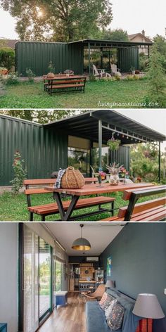 this is an image of a house made out of shipping containers and wooden benches in the yard