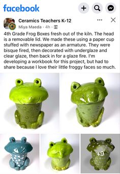 a group of ceramic frog figurines sitting next to each other