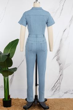 Light Blue Casual Solid Patchwork Turndown Collar Short Sleeve Skinny Denim Jumpsuits Denim Jumpsuits, Valentines Lingerie, Vintage Summer Dresses, Short Denim Skirt, Patchwork Denim, Printed Summer Dresses, Jumpsuit Online, Lace Dress Long, Playsuit Romper