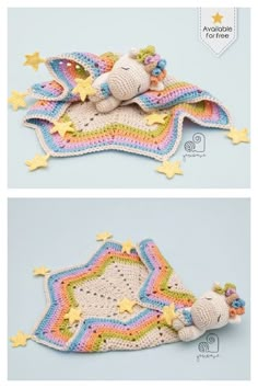 crocheted baby blanket with stars and a stuffed animal laying on it's side