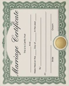 a green certificate with a gold medal on it's center and the word, marriage certificate