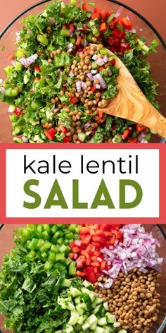 kale lentil salad in a glass bowl with a wooden spoon on the side