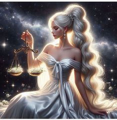 a woman with long white hair holding a scale of justice in front of the stars