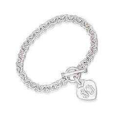 Ross-Simons - Single Initial - Silver Personalized Heart Toggle Bracelet. 8". Our charming sterling silver toggle bracelet features a lovely heart at the center that can be personalized with a single initial in block or script type. A giftable piece that will be treasured forever. Cable chain. FREE engraving. Toggle clasp, sterling silver heart bracelet. Personalized Heart Bracelet, Sterling Silver Heart Bracelet, Script Type, Toggle Bracelet, Fine Jewelry Bracelets, Sterling Silver Heart, Toggle Clasp, Heart Bracelet, Type A