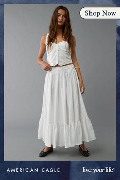 Soft, breathable cotton/Elastic waist/Ruffled bottom/This skirt is Real Good: Made with the planet in mind & a promise to continue to do better. Ruffle Maxi Skirt, Aerie Bras, Jumpsuit Skirt, Do Better, Graphic Tops, Outfit Aesthetic, Night Outfits, White Skirts, Outfits Aesthetic