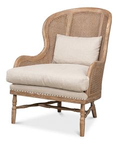 a wicker chair with a white cushion