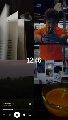 a collage of photos with orange juice in the foreground and an image of a man holding a cell phone