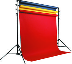 an image of a purple backdrop on a tripod with two blue and yellow poles