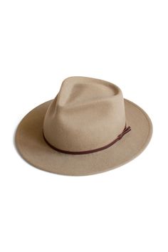 Yellow 108 Eastwood Hat - Putty | Faherty Brand Classic Fedora Hat For Town, Classic Beige Hat Bands For Fall, Vintage Hats For Ranch In Fall, Classic Fedora With Flat Crown For Western-themed Events, Rustic Short Brim Felt Hat For Fall, Vintage Ranch Hats For Fall, Rustic Felt Hat With Short Brim For Fall, Casual Fedora With Flat Crown For Country Events, Vintage Fall Ranch Hat