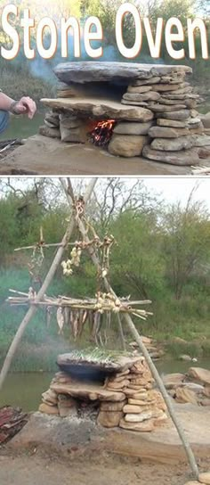 there are two pictures of stone ovens made out of rocks and logs, one is cooking food