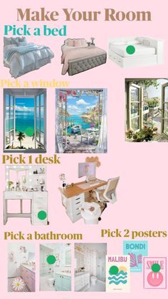 a pink poster with pictures of different rooms