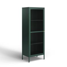 a tall green metal cabinet with three shelves