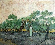 an image of two people picking olives off the tree's branches with clouds in the background