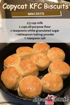 the recipe for copycat kfc biscuits is shown in a skillet