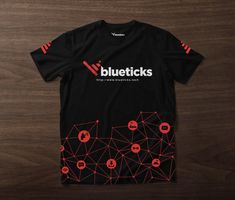 a black t - shirt with red dots and the words blueticks on it