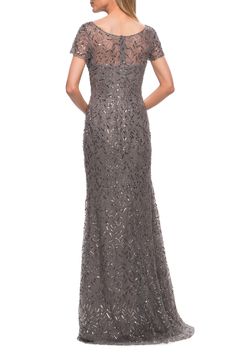 La Femme Sequin Short Sleeve Sheath Gown | Nordstrom Silk Charmeuse Dress, Charmeuse Dress, Sequin Short, Sheath Gown, Gown Style, Taupe Grey, Long Sleeve Evening Dresses, Mob Dresses, Long Evening Gowns