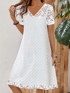 Women Short Sleeve V-neck Floral Printed Loose Dress V-neck Lace Patchwork Dresses For Vacation, White Beach Dress With Notched Neckline, V-neck Linen Dress With Floral Print, White Split Neck Dress For Spring, White Dress With Notched Neckline For Spring, White Casual V-neck Dress With Split Neck, Summer V-neck Dress With Lace Patchwork, White Split Neck Summer Dress, Casual V-neck Dress With Lace Trim