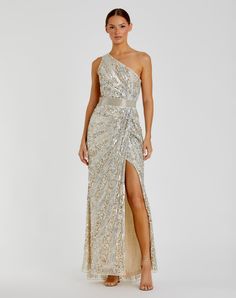 Sequined One Shoulder Draped Lace Up Gown Ever After Dress, One Shoulder Neckline, Asymmetrical Neckline, Side Cuts, Mac Duggal, Mesh Overlay, Sequin Fabric, Silver Style, Thigh High