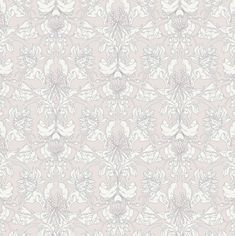 a white and gray floral pattern on a light pink wallpaper with grey lines in the middle